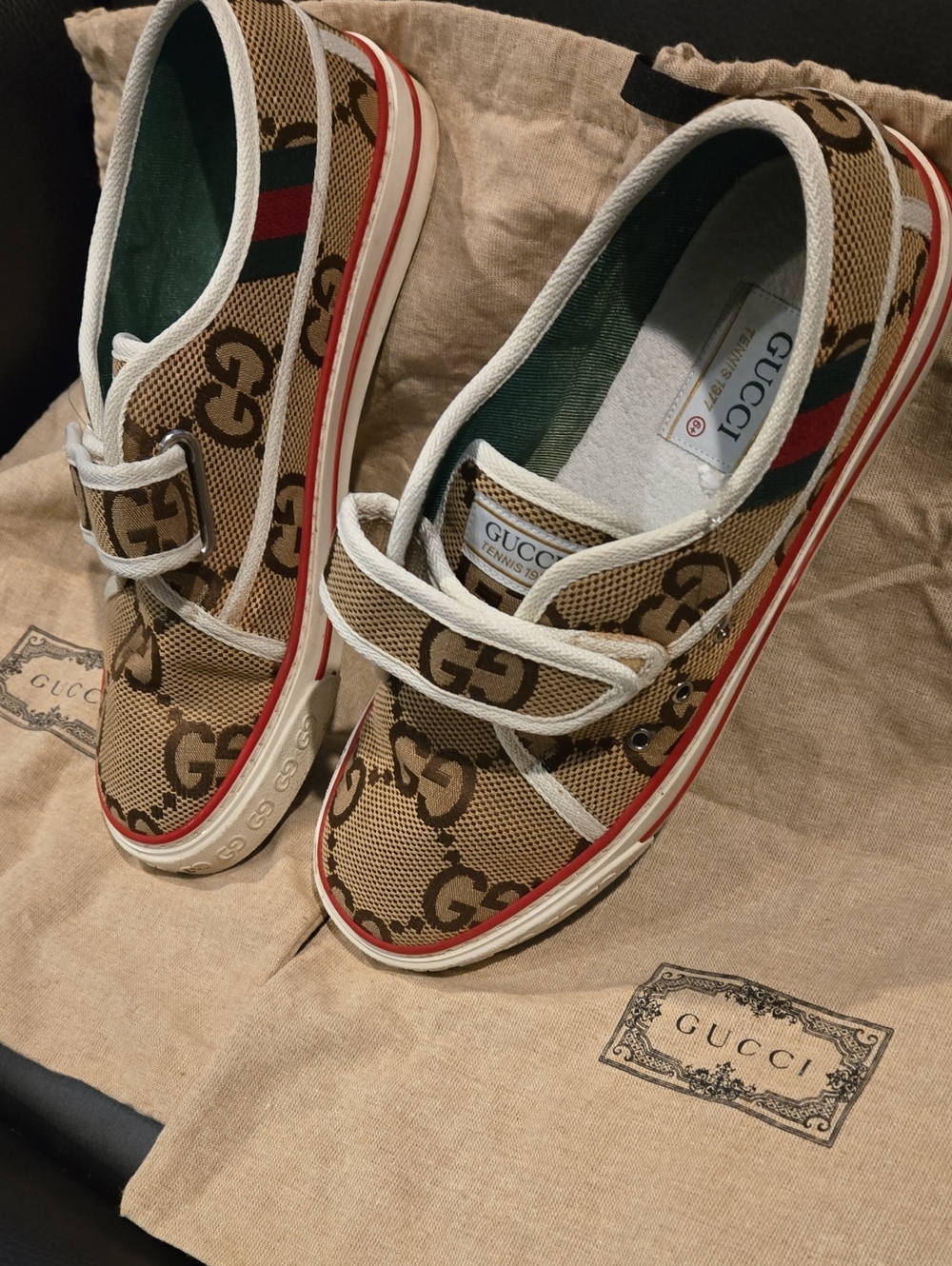 Gucci Tennis 1977 Velcro Sneakers in Jumbo GG monogram canvas.